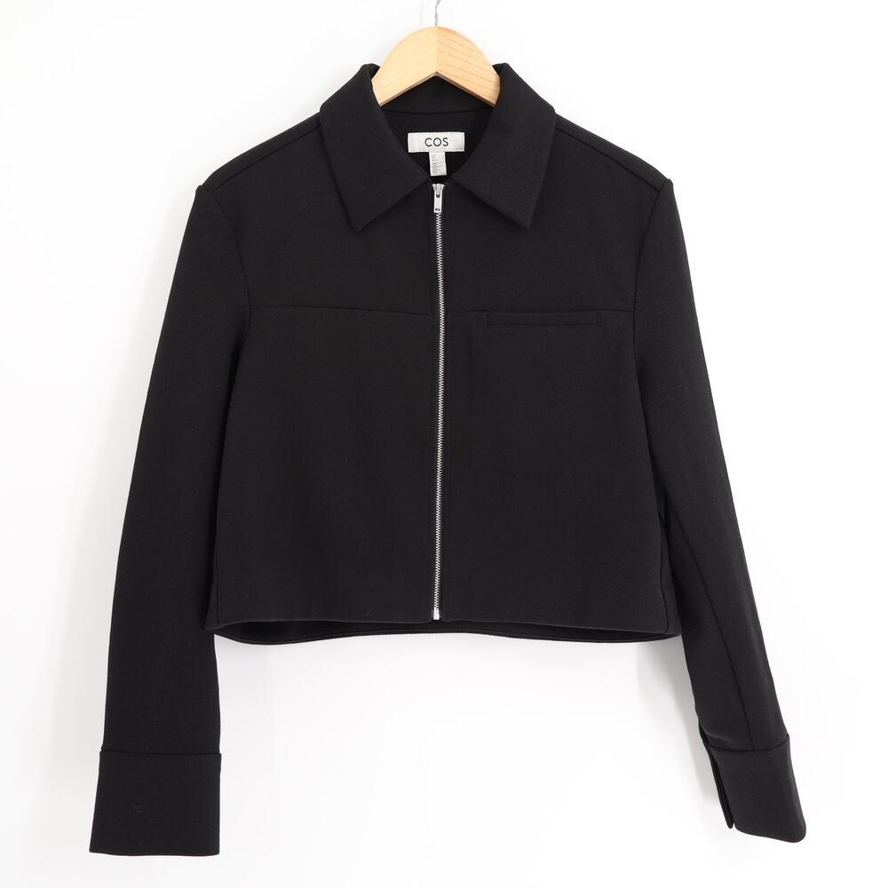 COS Sz S Cropped Twill Jacket Zip Up Black Pointed Collar Minimalist Boxy
